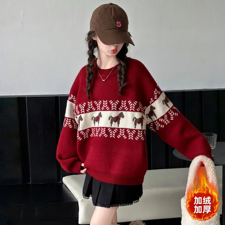 女童冬装毛衣2025新款女大童新年红色针织衫儿童秋冬圣诞节打底衫