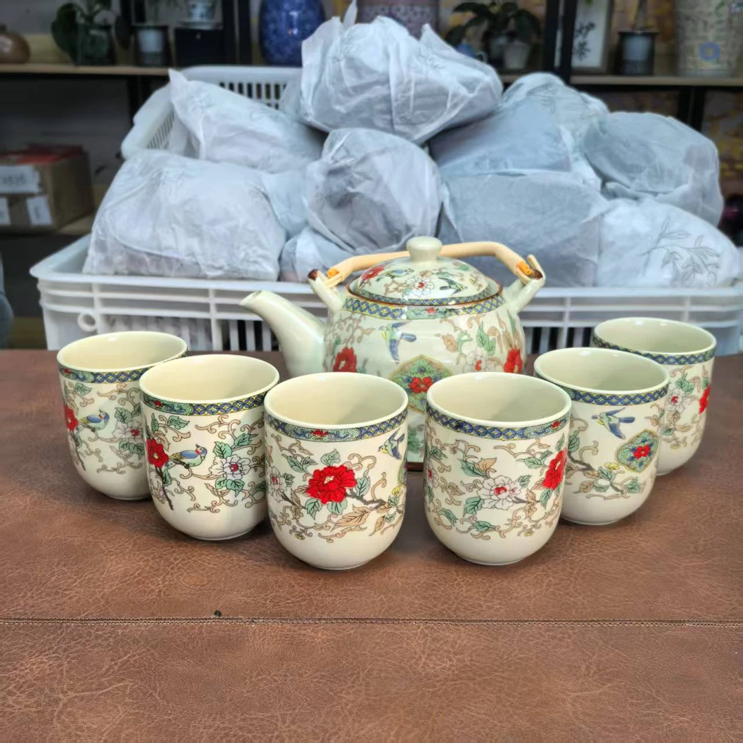 桃子茶器 珐琅彩-山茶花-提梁壶+6杯-2645
