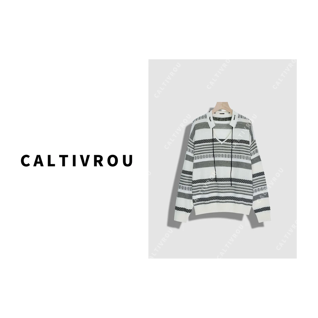 Caltivrou条纹V领明线简约时尚针织衫-Y18493