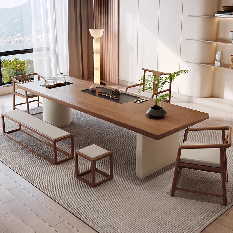 侘寂实木茶桌椅组合大板桌配套茶台烧水壶一体洽谈泡茶桌一整套