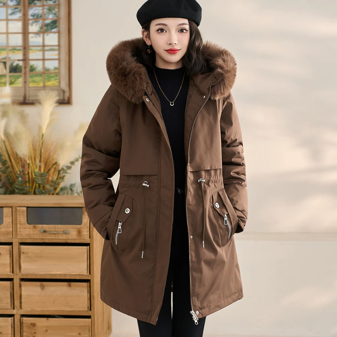 冬季时尚新款韩版连帽棉服女士中长款加绒加厚宽松保暖洋气外套