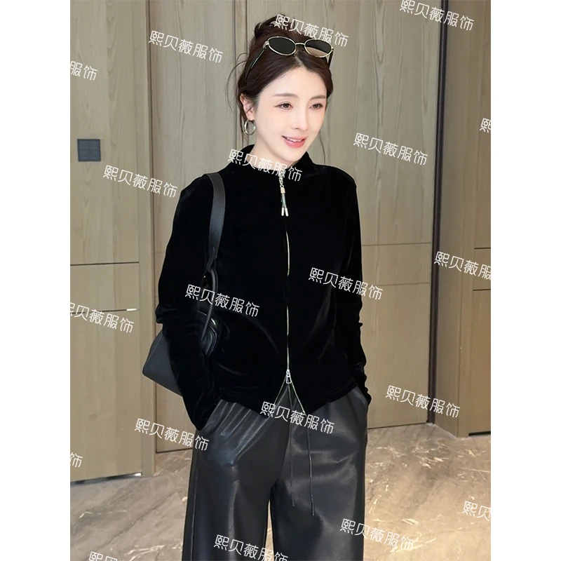 熙贝薇 欧货双拉链丝绒秋季新款休闲百搭长袖开衫外套 G5226