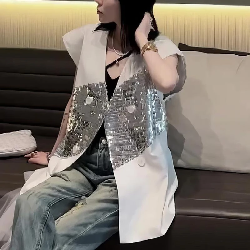 VOCKOO官方2025夏季新款设计感小众V领拼接马甲外套女士法式气质