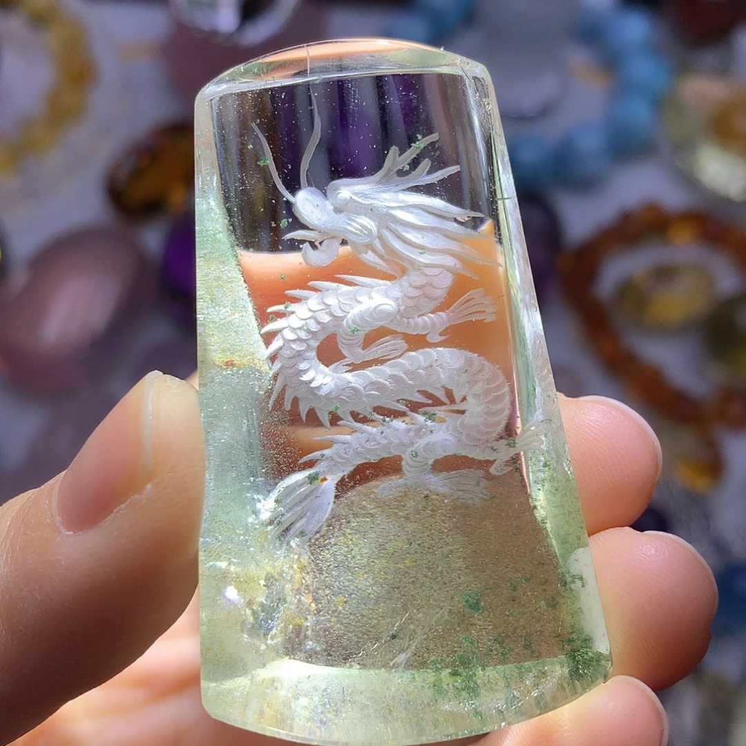 珠宝半成品水晶未镶嵌绿幽灵龙牌