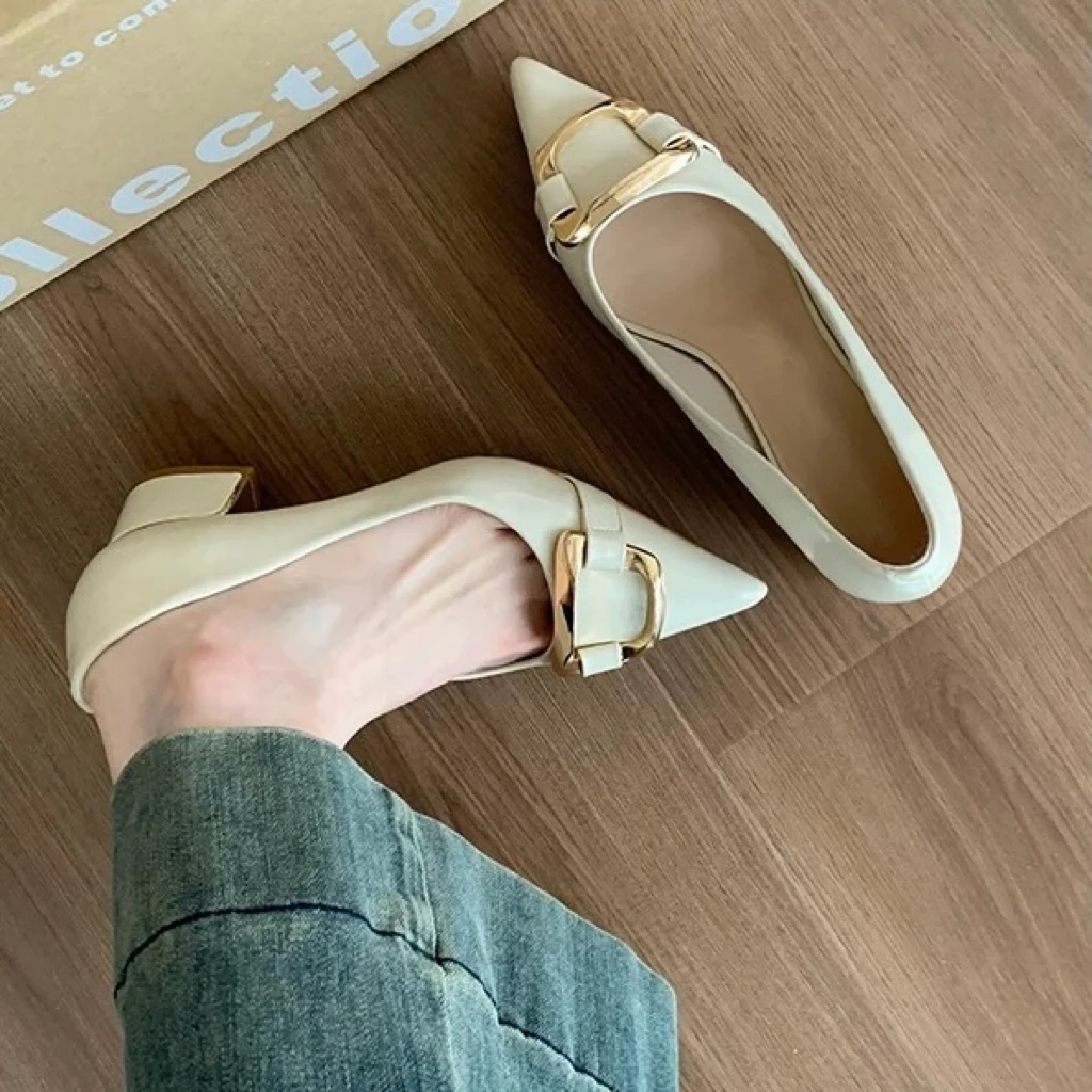 百搭复古单鞋女中粗跟春秋新款舒适气质时尚尖头温柔高跟鞋工作鞋