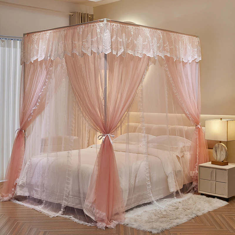 法式宫廷风双层纱蕾丝花边落地三开门蚊帐防蚊家用加粗支架