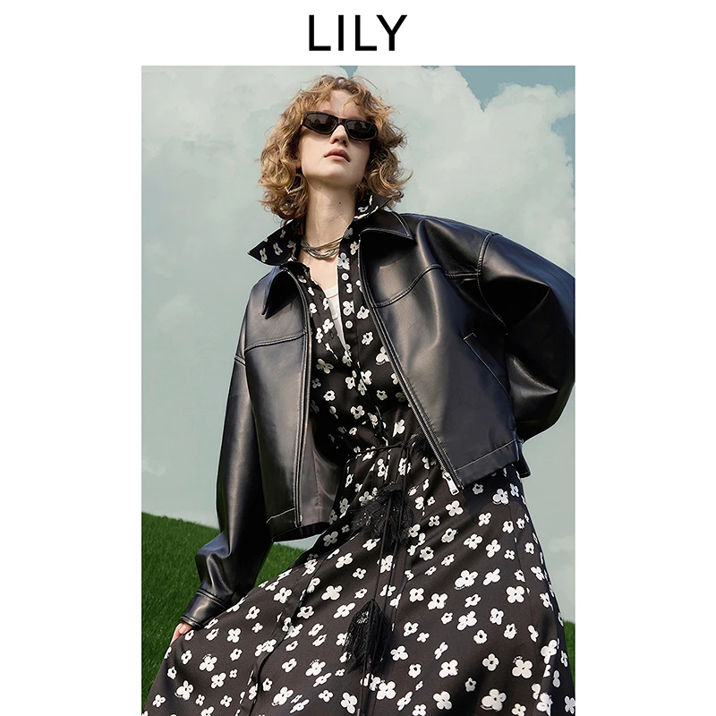 LILY2025春新款女装帅气仿皮质拉链落肩黑色夹克外套125109C3901