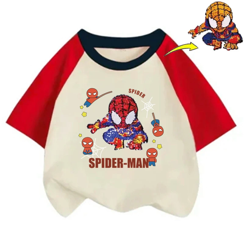 男童蜘蛛侠变色亮片纯棉夏季新款t恤印花撞色短袖潮酷男宝宝上衣