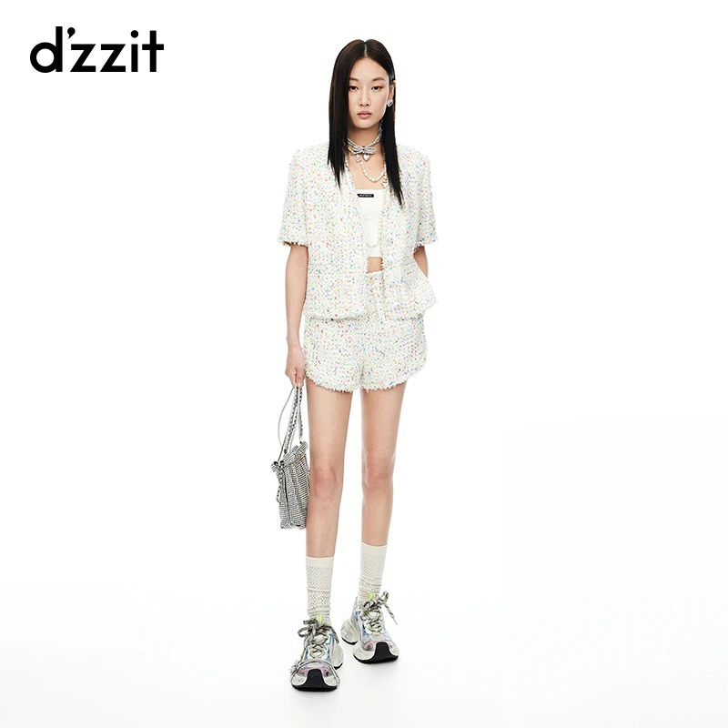 dzzit地素短裤气质彩色小香风粗花呢毛边设计直筒裤子女