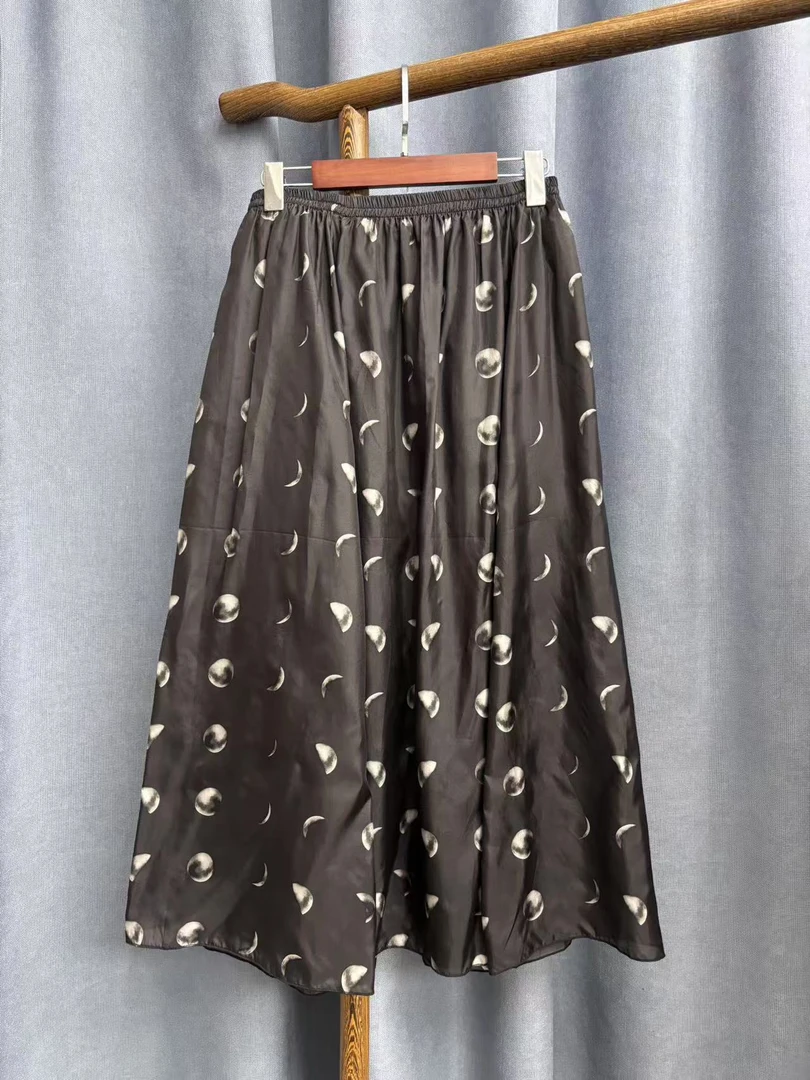 2025夏季休闲复古百搭桑蚕丝印花大摆半身裙女A053