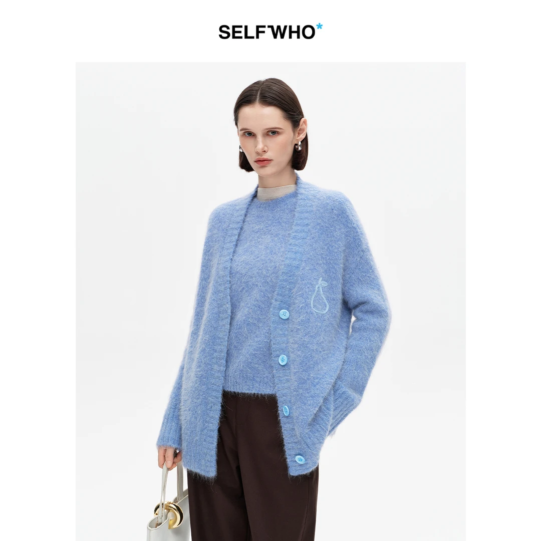 SELFWHO秘鲁羊驼混纺梨子织绳刺绣针织开衫女2025冬新款气质毛衣