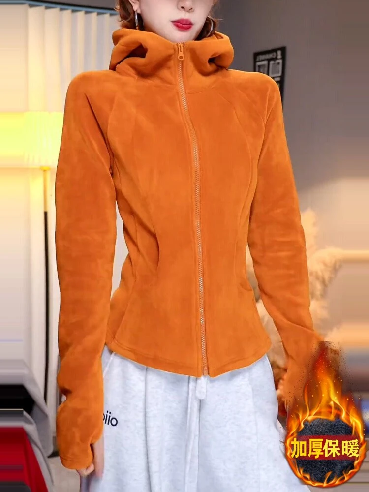 欧货橙色柔绒质感连帽长袖2025秋冬新款修身保暖大码修身上衣女