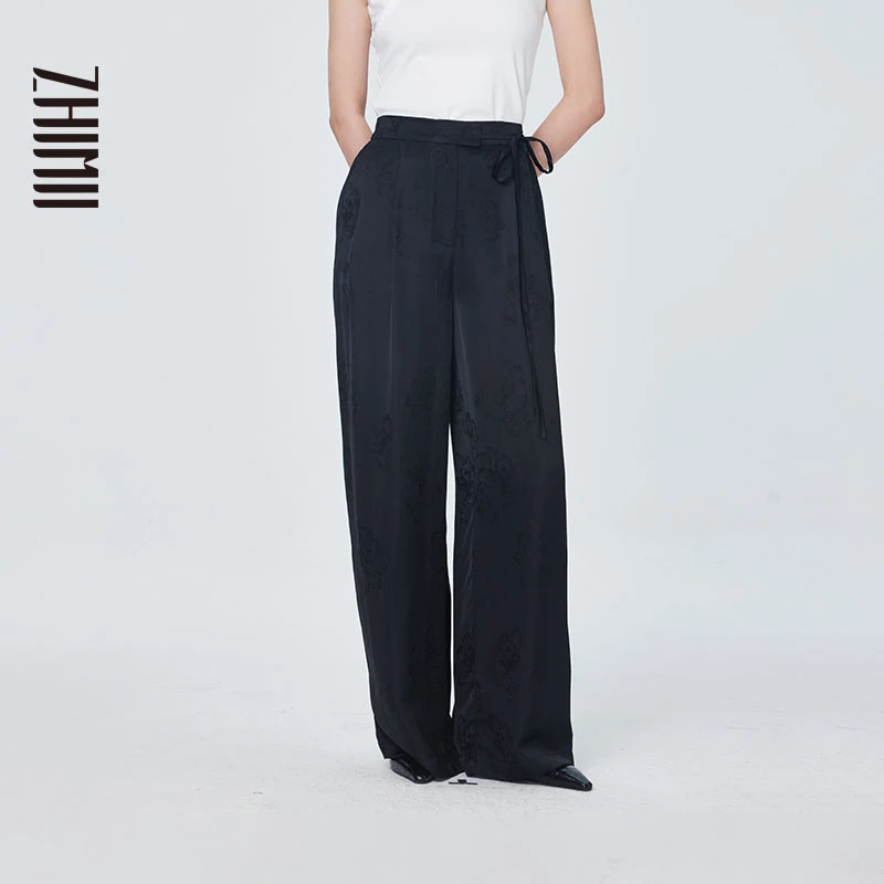 【ZHIMII】2024春夏新中式玄天黑系带牡丹提花高腰直筒长裤西装裤