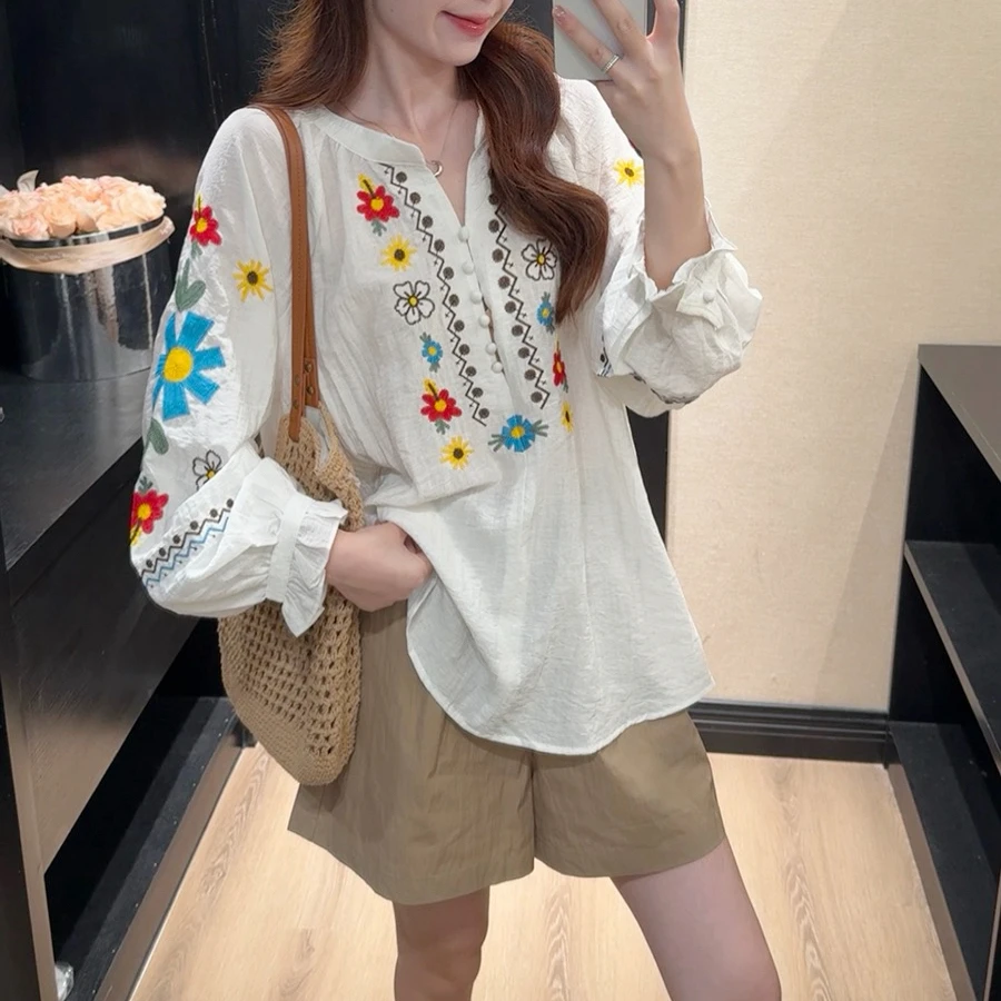 2025夏季新款波西米亚风重工刺绣衬衫上衣搭配阔腿裤两件套A1502