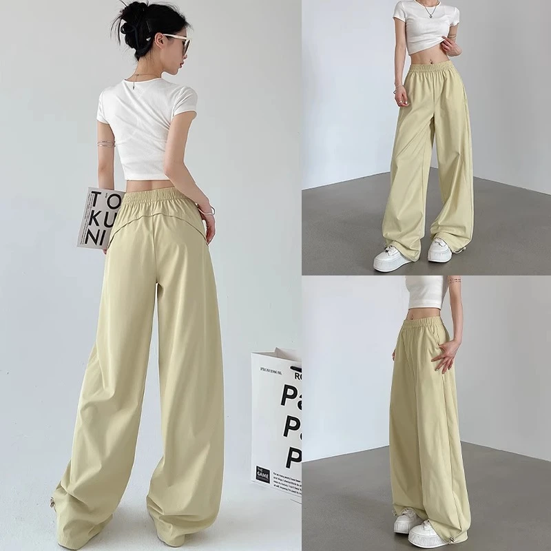 黄色速干工装裤女夏季薄款宽松垂感阔腿直筒休闲小个子美式运动裤