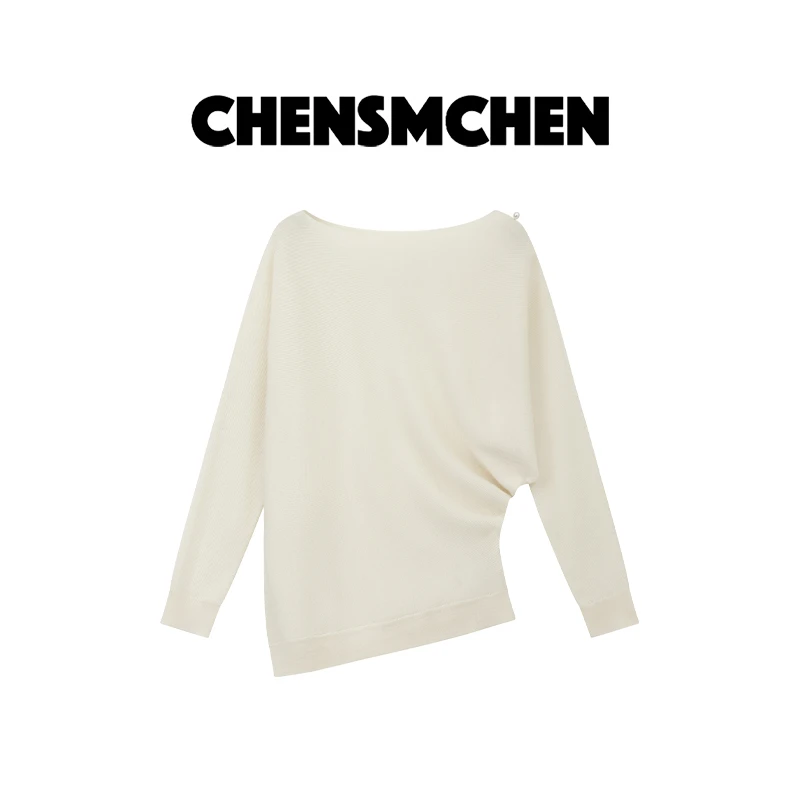 CHENSMCHEN100绵羊毛一字领毛衫女纯色简约温柔百搭上衣CSZ6096MX