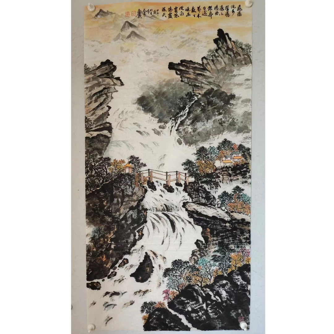 73  多年前纯手绘老字画《山水》中堂  尺寸 137×68