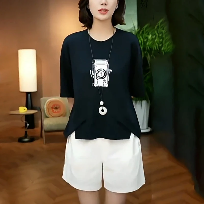 韩版时尚印花圆领T恤女2025夏季新款短袖显瘦休闲百搭减龄上衣女