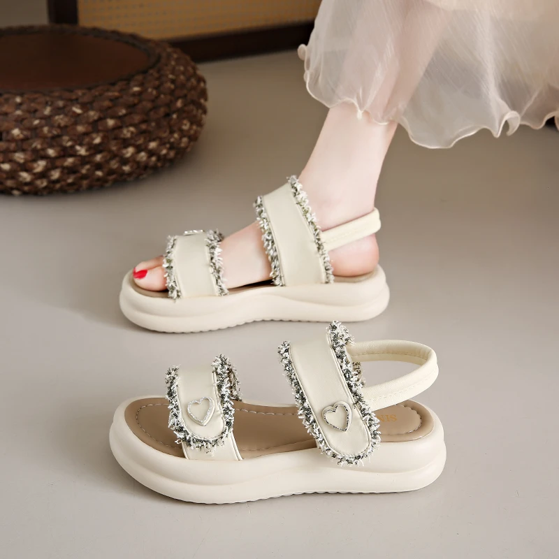 厚底凉鞋女外穿2025新款夏季百搭休闲鞋女学生平底魔术贴罗马凉鞋