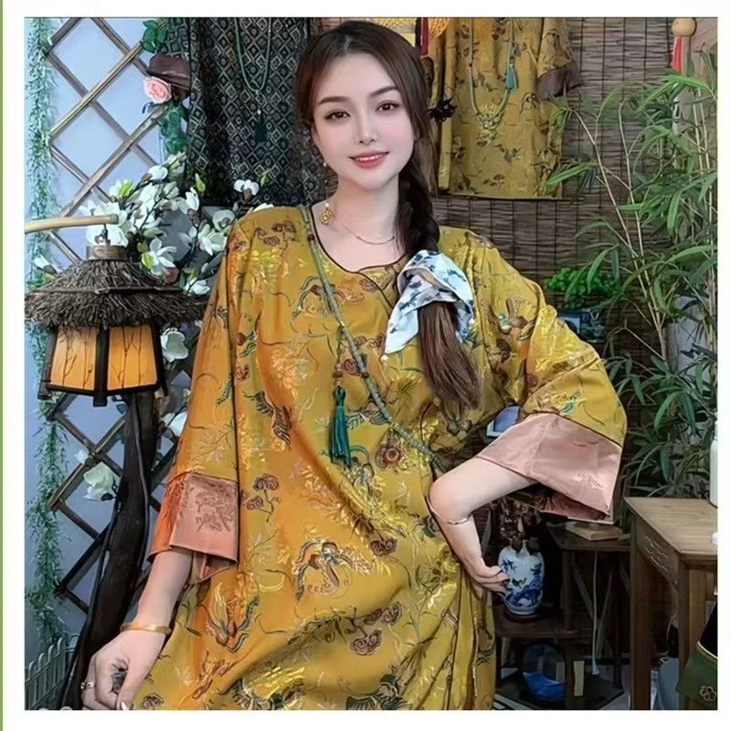 QZ8  黄色四君子长款典雅时尚睡裙
