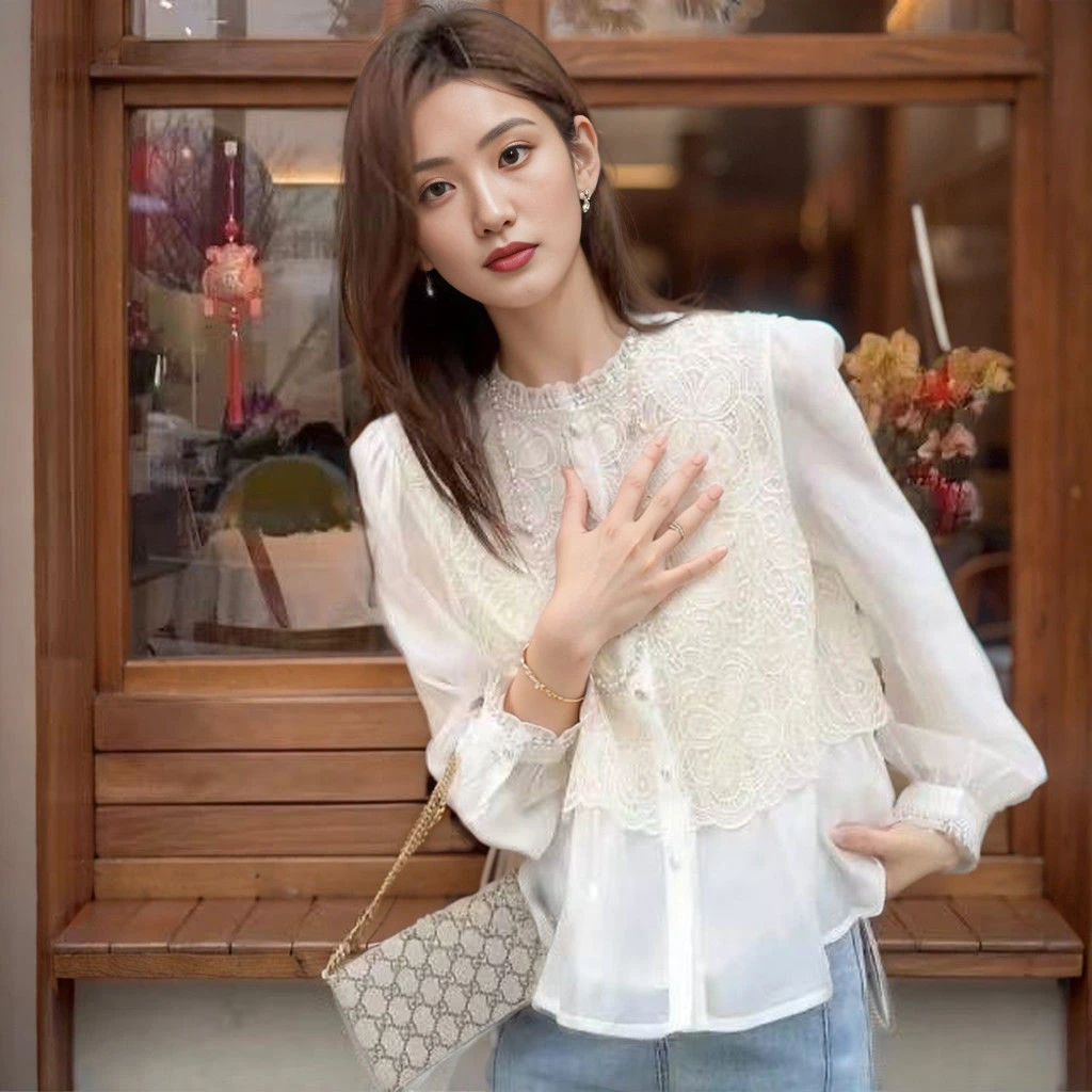 时尚气质花边假两件衬衫女2025秋装新款百搭洋气拼接减龄显瘦上衣