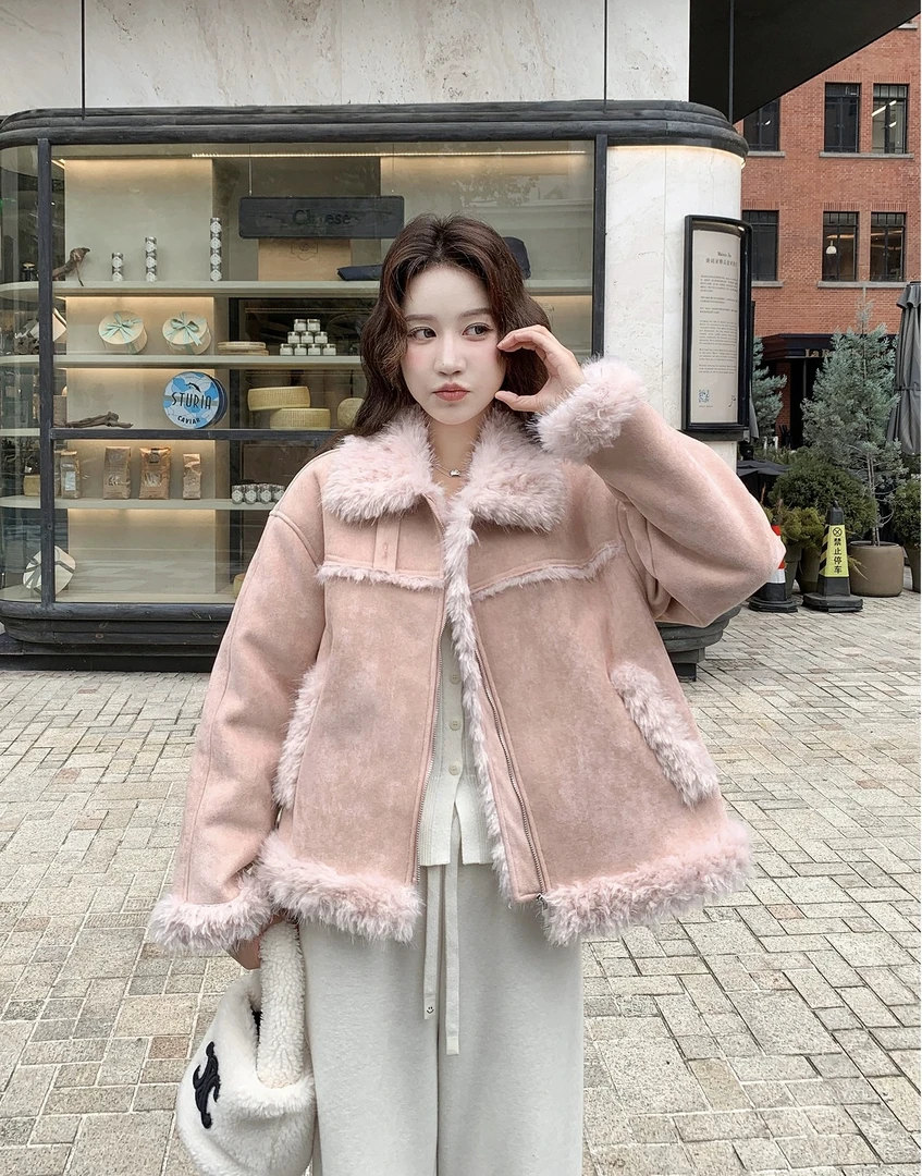 096皮毛一体仿羊羔毛外套女2025年冬季韩系超好看加厚机车款外套