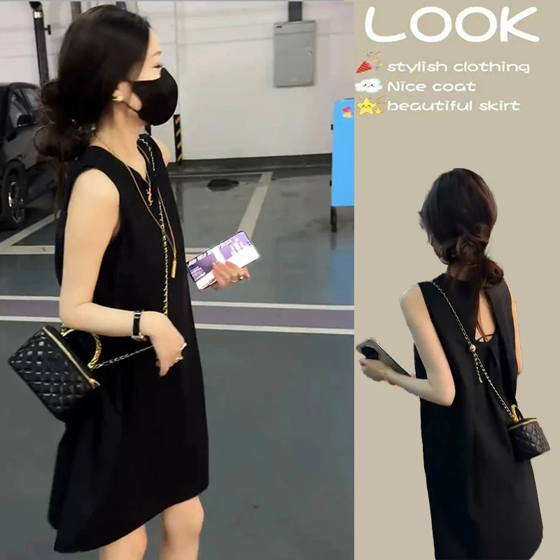 2025夏季新款黑色高级感露背气质无袖A字裙女欧货宽松遮肚连衣裙