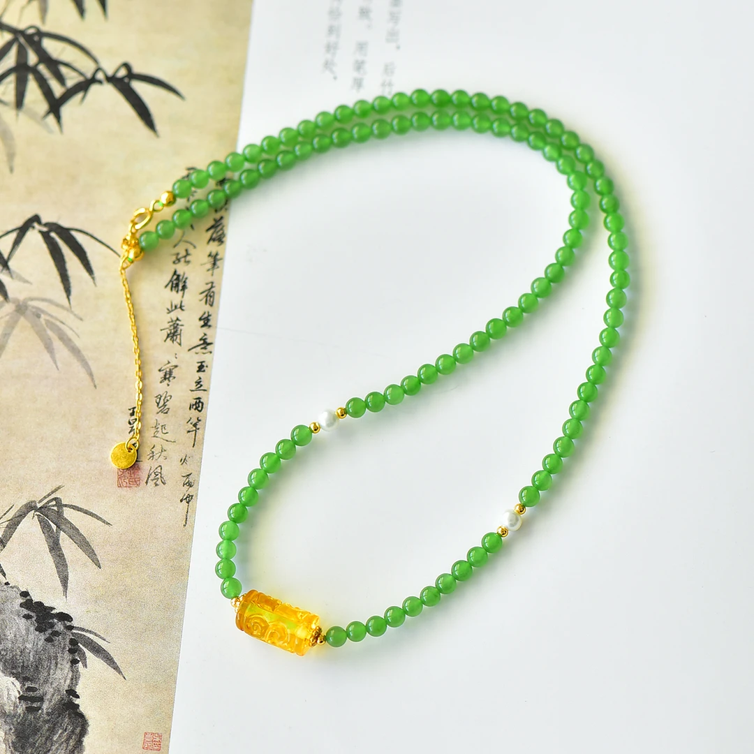 【凌云阁】和田玉 碧玉 约4mm 时尚简约 百搭项链
