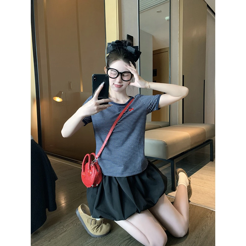 格纹短袖T恤女夏季新款韩系设计感修身小个子圆领正肩休闲上衣潮