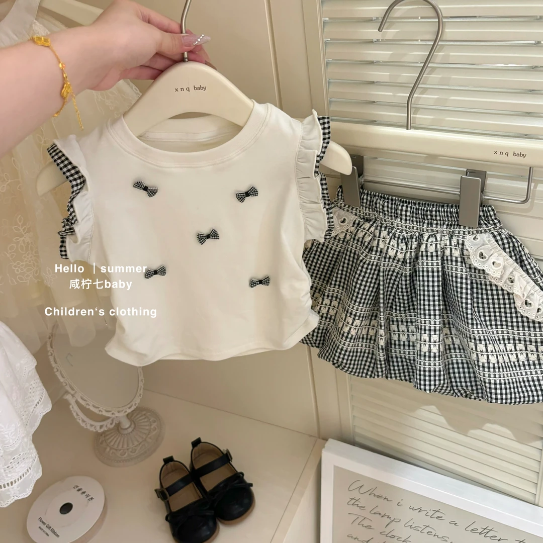 【咸柠七】女童夏装套装2025新款女宝宝短袖T恤格子短裤女孩两件套