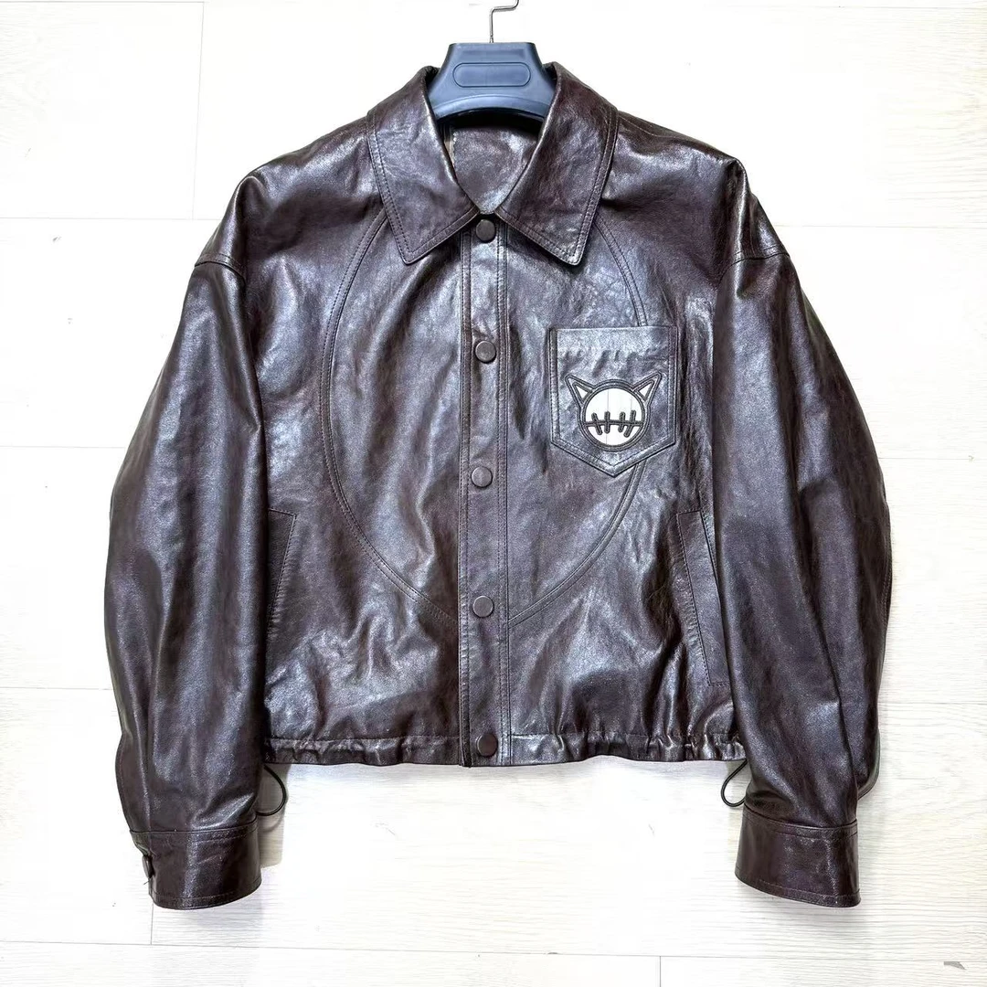 100%真皮头层绵羊皮油蜡冰冷萃翻领宽松新款爆款25510女真皮外套