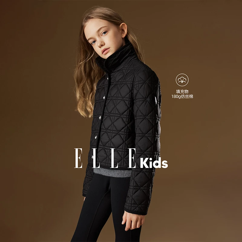 ELLE KIDS 童装菱格绗棉翻领棉服冬季新款复古风休闲保暖外套D2