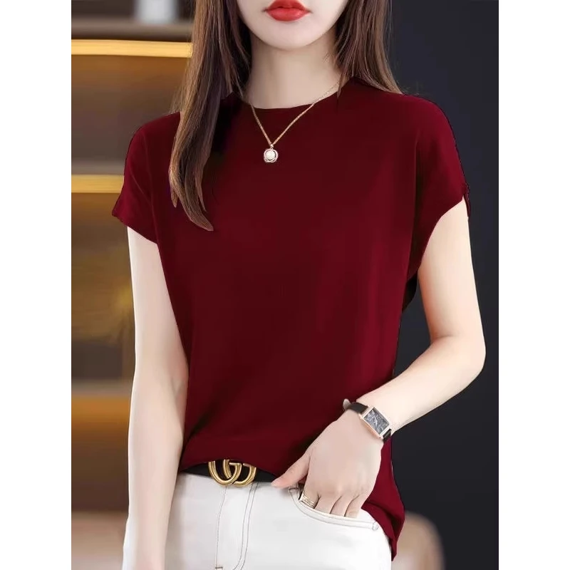 芊芊芙安可拉红气质高端短袖女t恤夏2025款半高领针织衫显瘦上衣