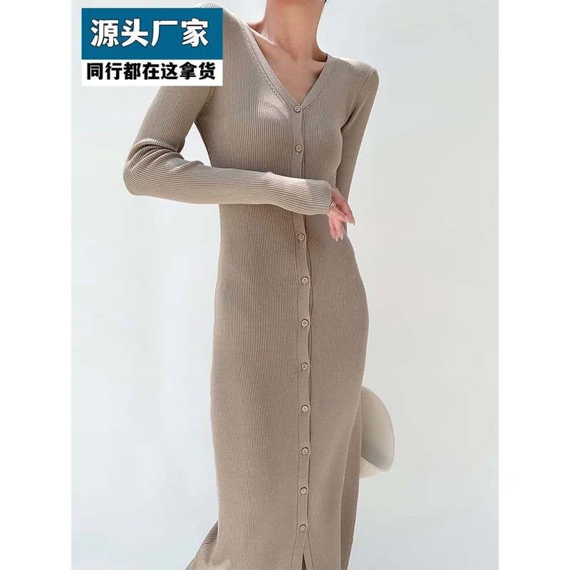梵乐芬V领针织开衫中长款外套女2025秋冬罩衫长修身显瘦气质包臀