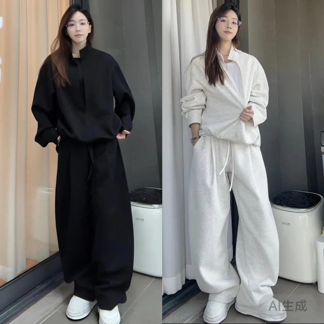 秋季潮流休闲运动套装假两件立领卫衣男高级感宽松直筒卫裤两件套