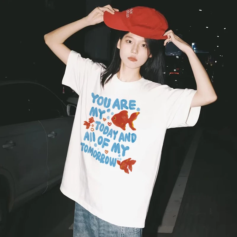 2025新款夏季时尚印花短袖少女风白色T恤宽松潮流洋气衣服女上衣