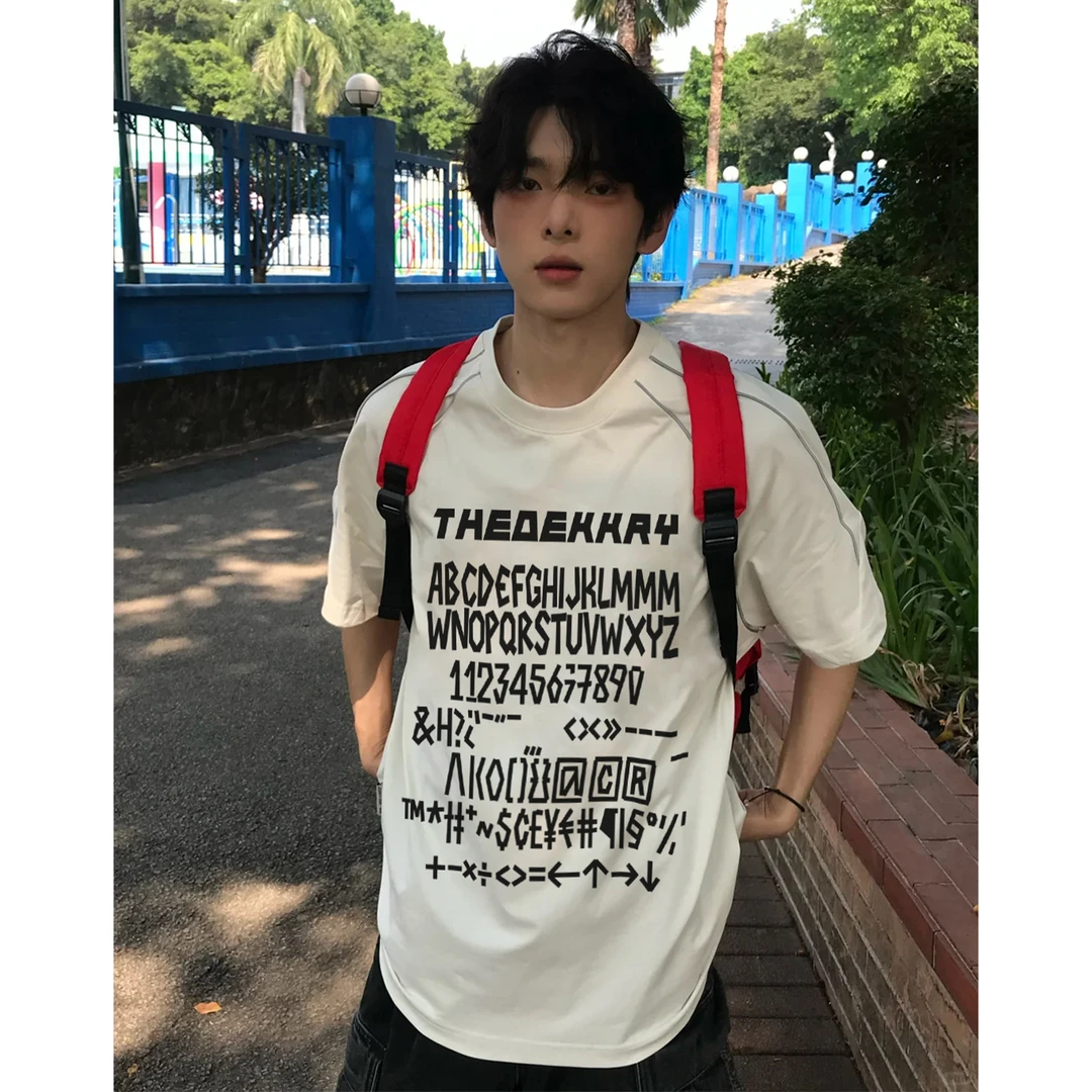 100%纯棉美式创意多行字母印花拼接短袖T恤男女夏季休闲百搭上衣