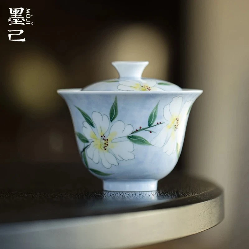 墨己清蓝纯手绘二才盖碗功夫茶具家用泡茶薄胎仿烫泡茶碗高档精致