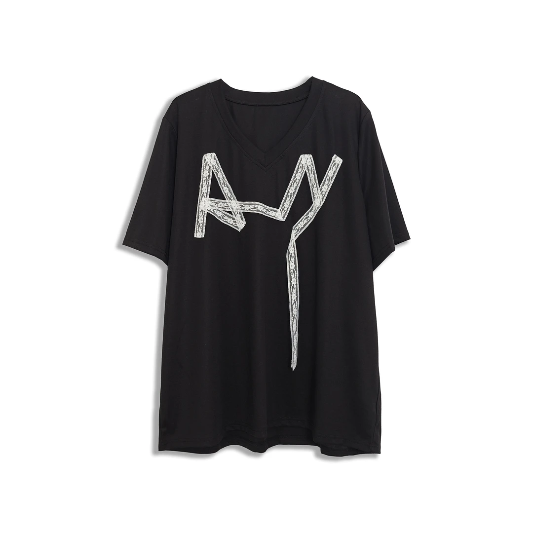 微胖女装【闲暇简意】蕾丝条图案V领半袖t简约百搭显瘦短袖20697