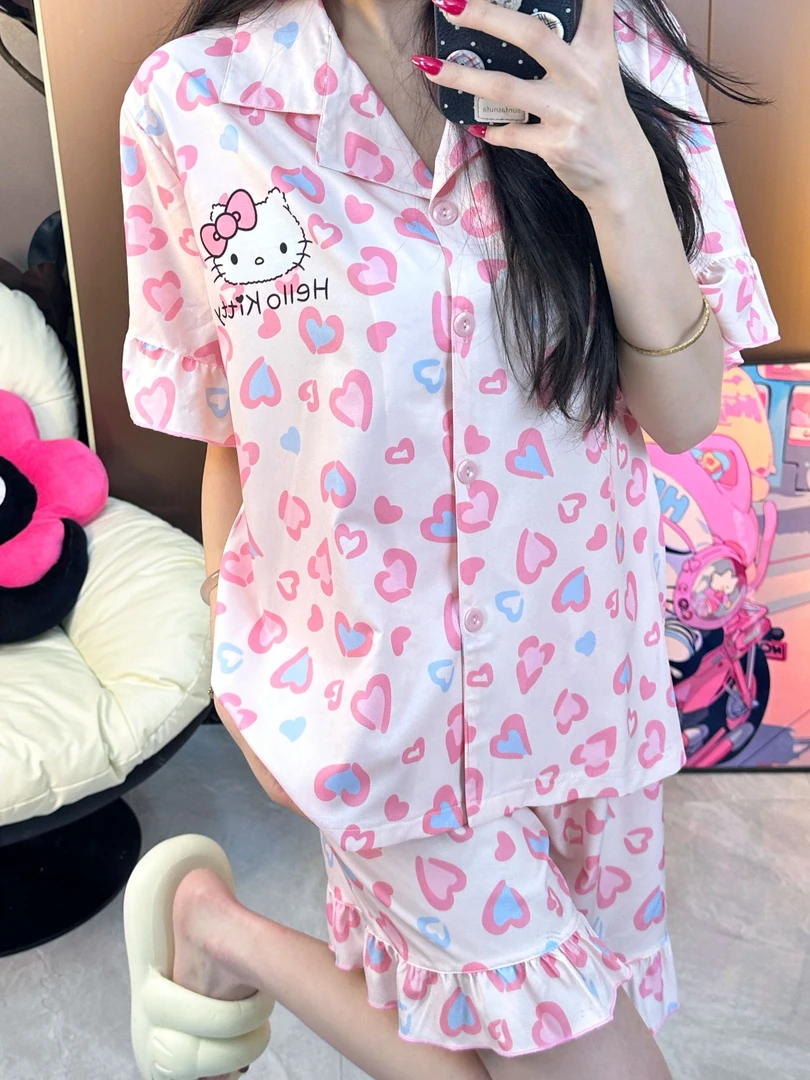 【豹纹kitty】夏季睡衣女短袖冰丝甜美高级感薄款家居服套装两件套