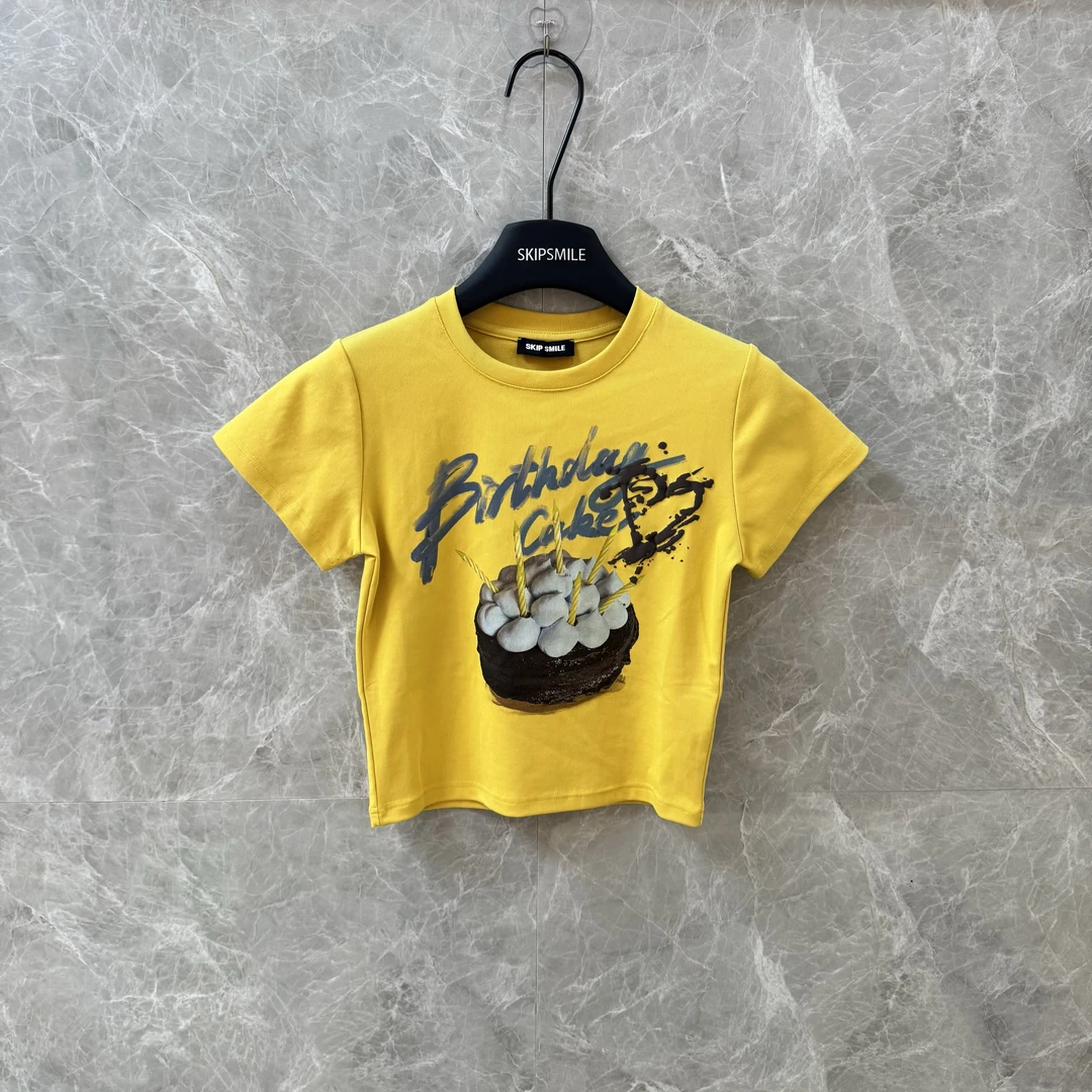 深圳南油高货2025夏季新款生日蛋糕蜡烛图案印花短袖T恤辣妹上衣