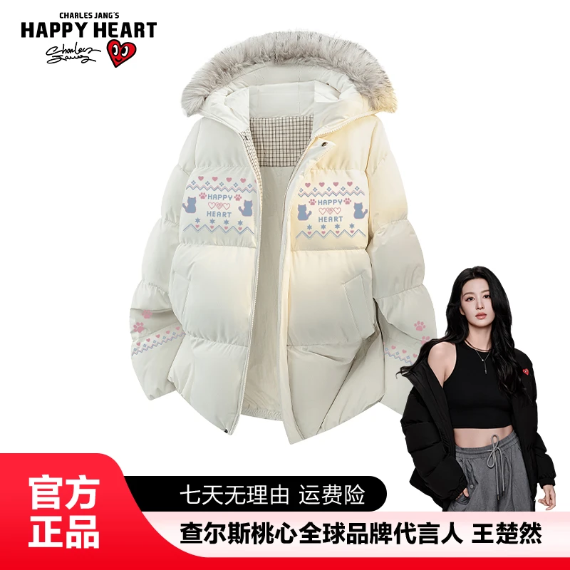 查尔斯桃心费尔岛小猫印花可拆卸毛领棉服情侣同款连帽宽松保暖