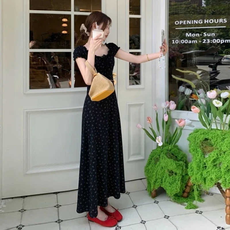 法式黑色碎花连衣裙子女夏季2025新款爆款小个子财阀千金女装长裙