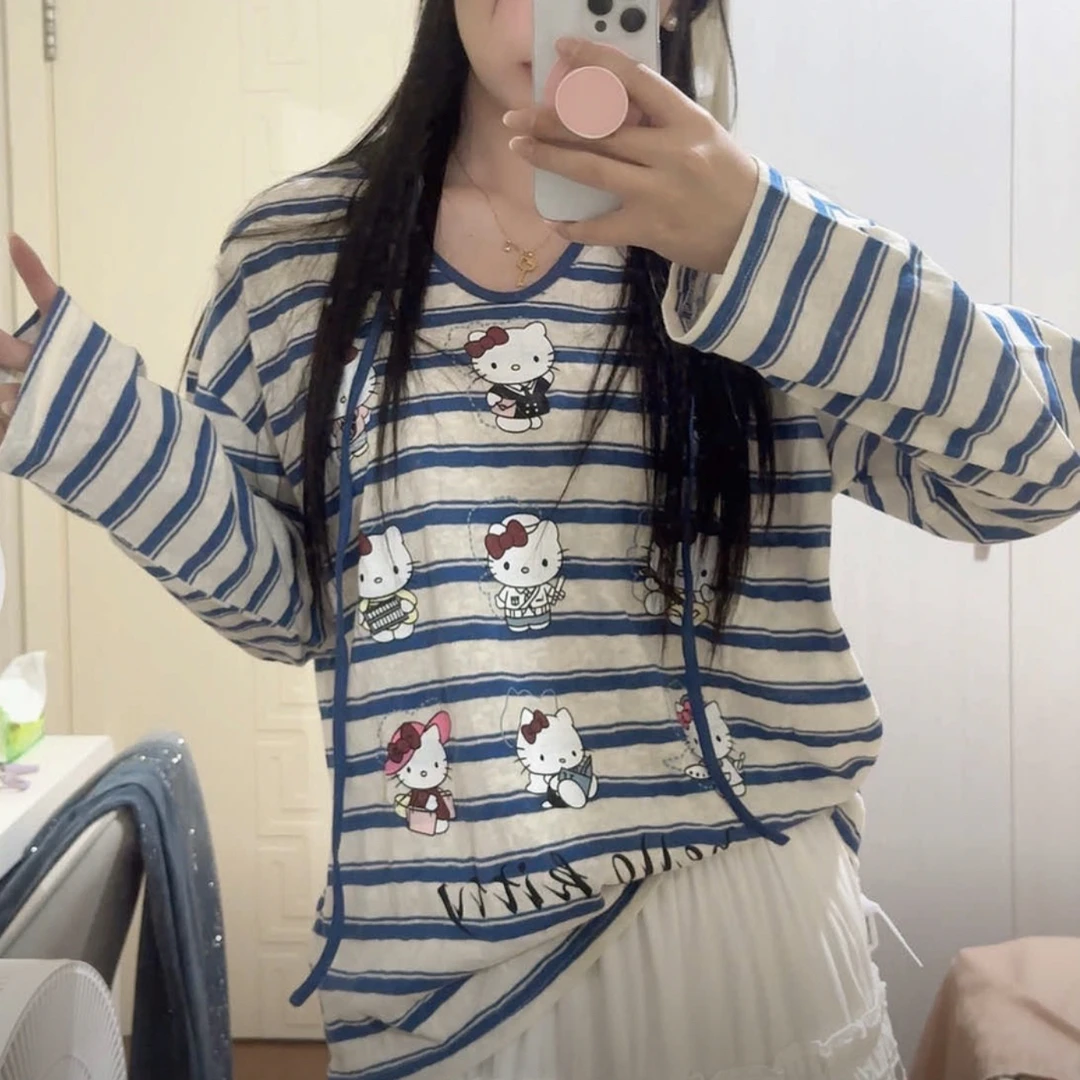 2025秋季新款宽松百搭前后两穿kt猫趣味条纹长袖T恤女