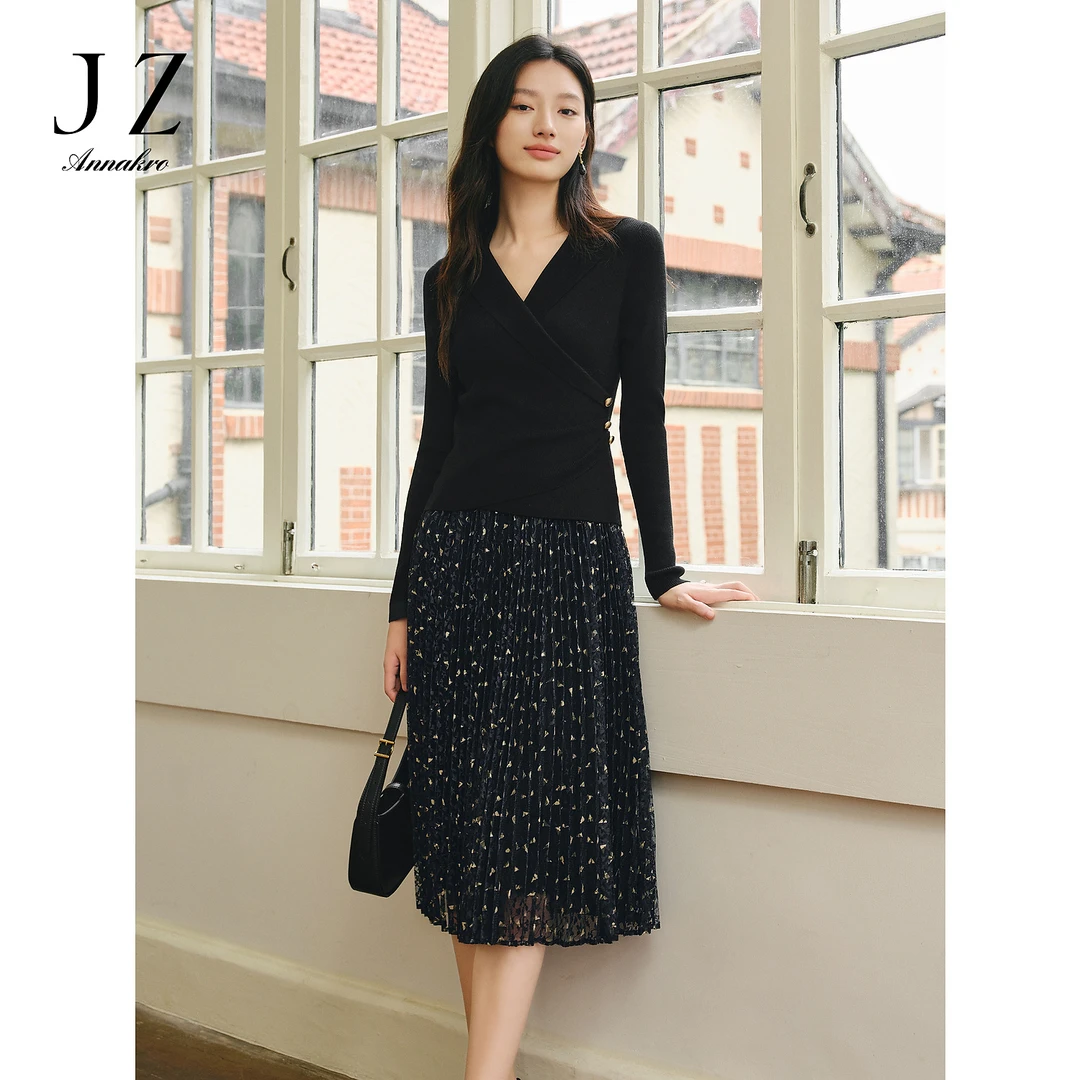 【岚岚专属】玖姿安娜蔻JTEQ31407蕾丝假两件网纱毛衫连衣裙女