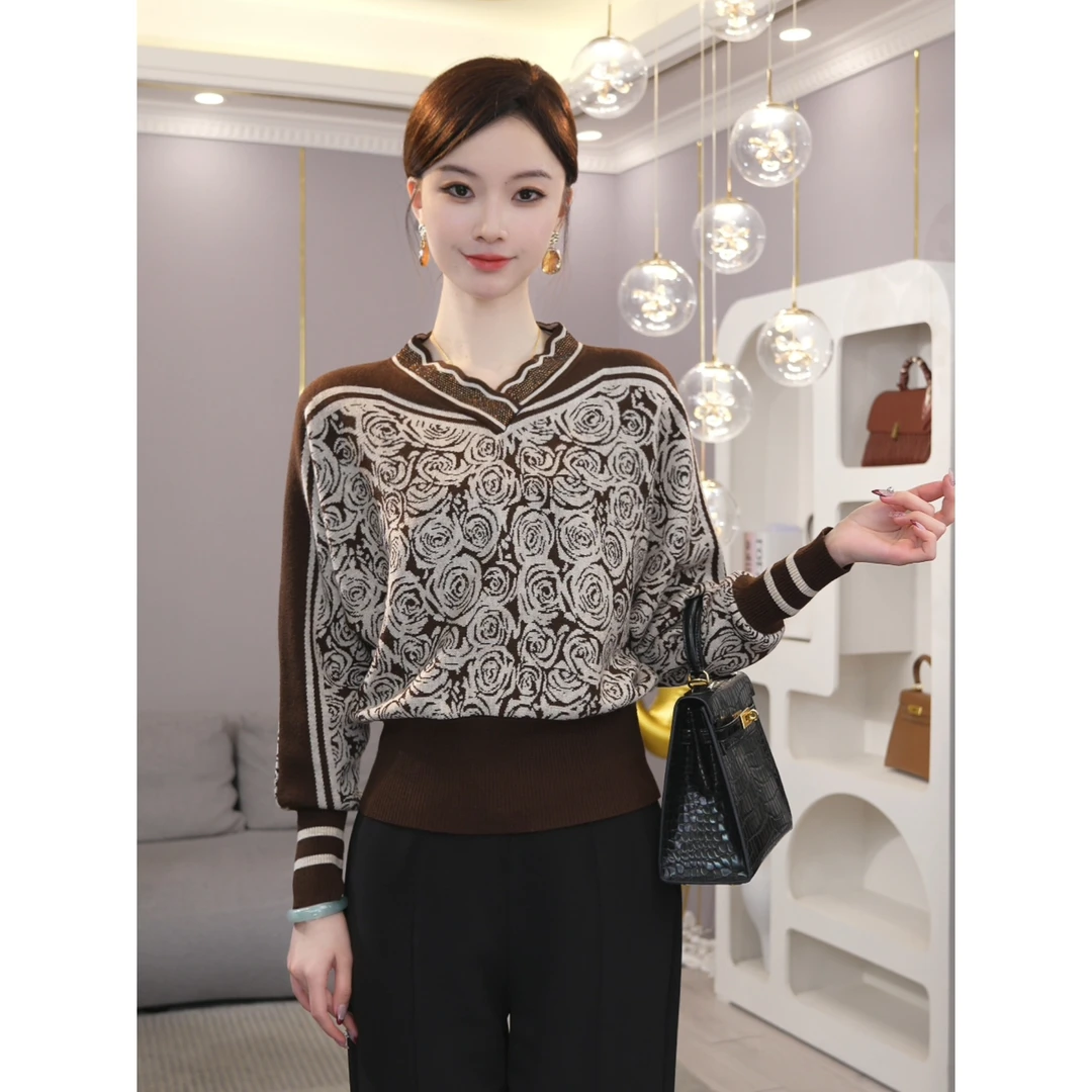 唐熹2025秋冬新款【Q-D864】含绵羊毛气质咖色针织衫打底毛衣