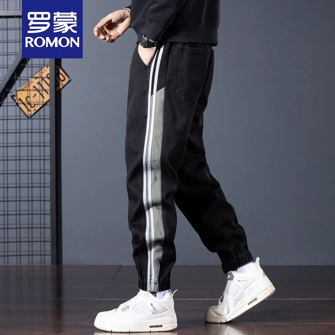 罗蒙黑色牛仔裤男秋季宽松美式复古束脚哈伦裤潮牌条纹休闲裤痞帅