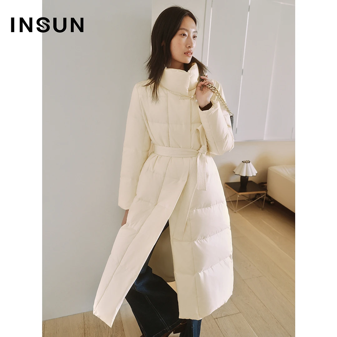 INSUN恩裳专选2025春季时尚方块绗缝长款85白鸭绒羽绒服