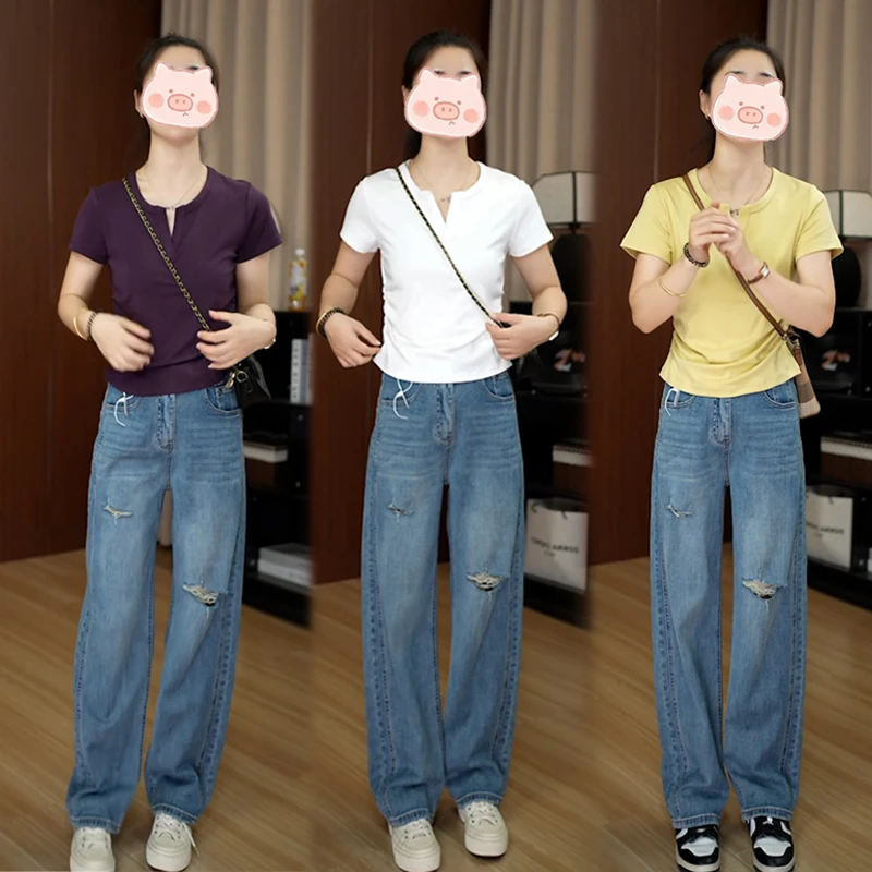 2025夏季新款V领时髦洋气正肩短袖T恤+显瘦直筒牛仔裤两件套装女