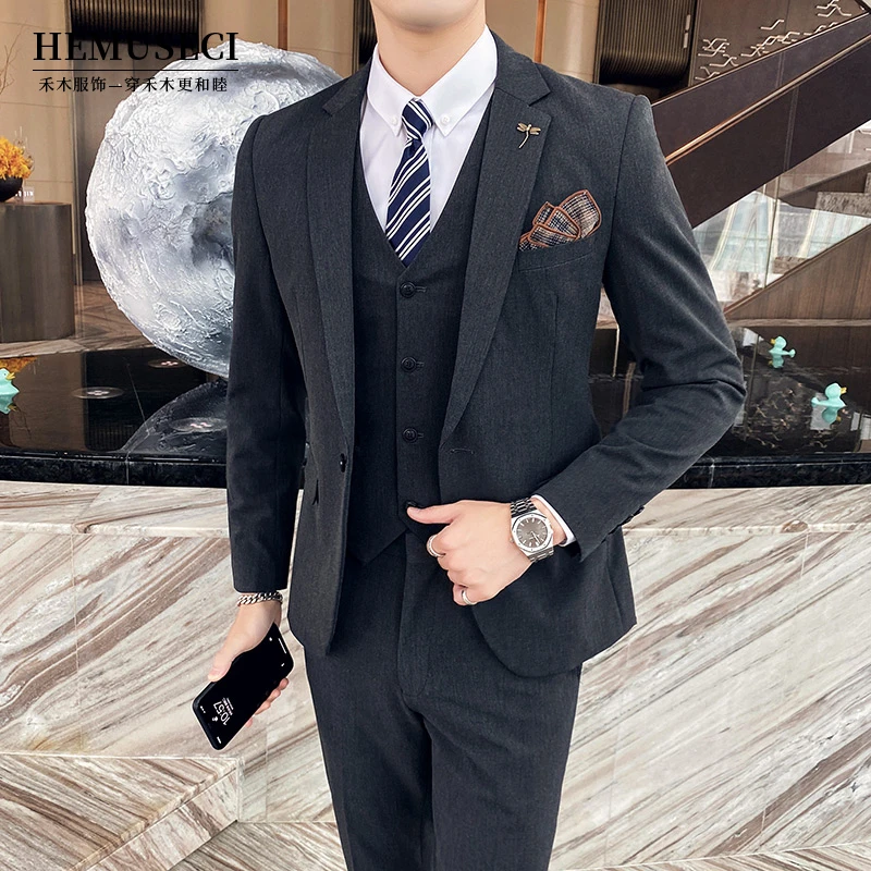 男士韩版时尚婚礼新郎休闲商务西服修身西装三件套帅气潮流浅灰色